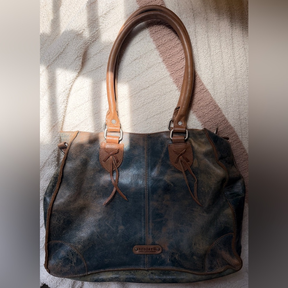 Bed Stu Two-Tone Distressed Leather Tote – Brown and Dark Blue